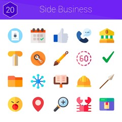 side business icon set. 20 flat icons on theme side business. collection of zoom in, like, shouting, check, network, wrench, spear, planning, bank, folder, file, pillar