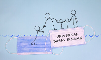 universal basic income, drawing of family on face mask with universal basic income text helping another figure up from going under water