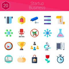 startup business icon set. 20 flat icons on theme startup business. collection of safebox, hand shake, shop, laptop, chronometer, microscope, desk chair, flower, network
