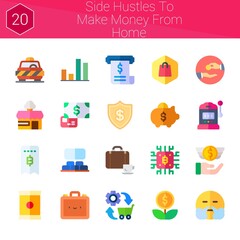 side hustles to make money from home icon set. 20 flat icons on theme side hustles to make money from home. collection of parking, shop, chips, piggy bank, briefcase, commerce