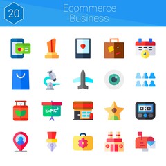 ecommerce business icon set. 20 flat icons on theme ecommerce business. collection of payment method, calendar, blackboard, factory, smartphone, suitcase, briefcase, team