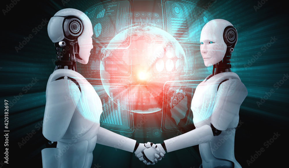 Aufkleber 3d rendering humanoid robot handshake to collaborate future technology development by ai thinking br