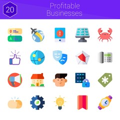 profitable businesses icon set. 20 flat icons on theme profitable businesses. collection of digital, megaphone, hand shake, question, like, idea, avatar, stadistics, house