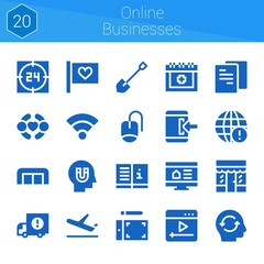 online businesses icon set. 20 filled icons on theme online businesses. collection of Grocery, Earth grid, Support, Plane, Friends, Manual, Graphic tablet, Login, Delivery truck
