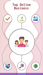 top online business editable infographic template with icons of loupe, computer, hourglass, checked, dartboard, team, laptop