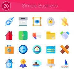 simple business icon set. 20 flat icons on theme simple business. collection of calendar, megaphone, sailboat, handshake, process, clave, ship in a bottle, link, smart home