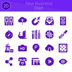 new business start icon set. 20 filled icons on theme new business start. collection of Cloud computing, Music player, Cloud download, Telephone, Documentation, Nuclear plant