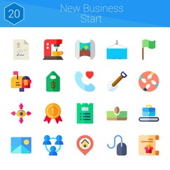 new business start icon set. 20 flat icons on theme new business start. collection of conveyor, resume, mapping, flag, shovel, gift list, list, picture, call, vision, mouse