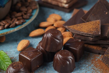 Chocolate sweets Chocolate bar pieces. Background with chocolate.