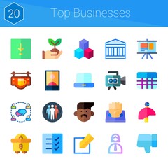 top businesses icon set. 20 flat icons on theme top businesses. collection of sprout, edit, dislike, video camera, team, avatar, 3d printer, mining, list, british museum, laptop