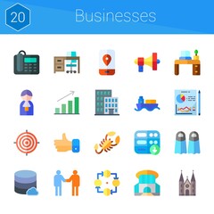 businesses icon set. 20 flat icons on theme businesses. collection of server, megaphone, goal, siam paragon, like, fins, church, mobile, ship, telephone, graph, building