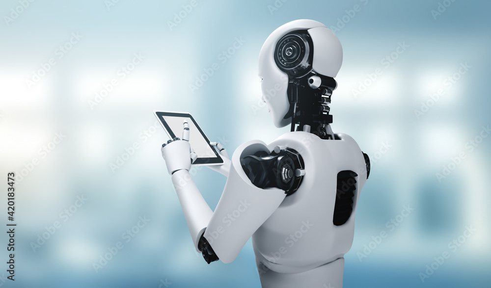 Poster robot humanoid using tablet computer in future office while using ai thinking brain , artificial int
