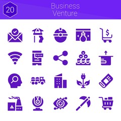 business venture icon set. 20 filled icons on theme business venture. collection of Building, Email, Pick, Friends, Shopping cart, Factory, Webcam, Truck, Green energy, Newspaper