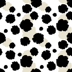 Simple black and grey flowers on white background. Fashionable monochrome seamless pattern for decor, printing, packaging. Abstract botanical modern ornament. Bright tropical plant chaos illustration
