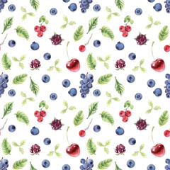 Watercolor seamless pattern with various berries, red currants, blackberries, blueberries and cherries