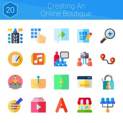 creating an online boutique icon set. 20 flat icons on theme creating an online boutique. collection of zoom in, shop, conference, contract, login, outbox, music player, download