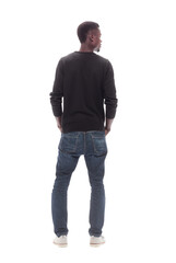 casual man looking at blank white screen. isolated on white