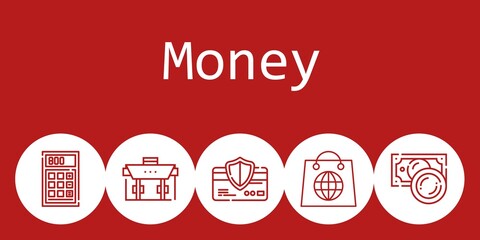 money background concept with money icons. Icons related calculator, money, briefcase, credit card, shopping