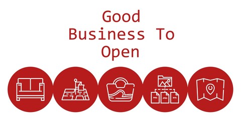 good business to open background concept with good business to open icons. Icons related sofa, folder, bag, position, map