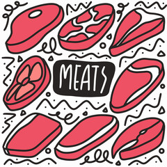 hand drawn raw meat doodle set