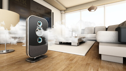 Air purifier cleans the air inside the living room. 3D illustration