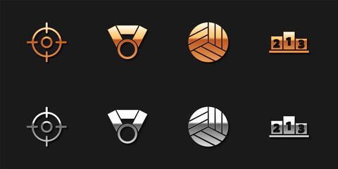 Set Target sport, Medal, Volleyball ball and Award over sports winner podium icon. Vector
