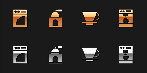 Set Coffee paper filter, Manual coffee grinder, V60 maker and machine icon. Vector