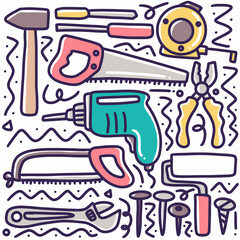hand drawn builder equipment doodle set