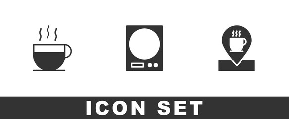 Set Coffee cup, Electronic scales and Location with coffee icon. Vector
