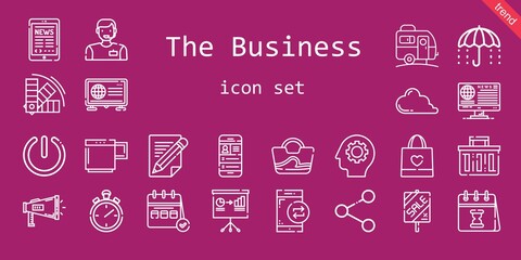 the business icon set. line icon style. the business related icons such as news, calendar, megaphone, smartphone, color, umbrella, bag, pencil, shopping basket, presentation