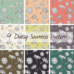 Set of 9 Bellis perennis, Chamomile, Daisy flower, White Botanical Outlined Seamless Patterns