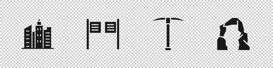 Set City landscape, Saloon door, Pickaxe and Grand canyon icon. Vector