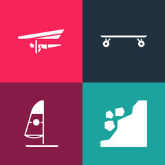 Set pop art Landslide, Windsurfing, Longboard or skateboard and Hang glider icon. Vector