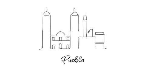Puebla Mexico landmarks skyline - Continuous one line drawing