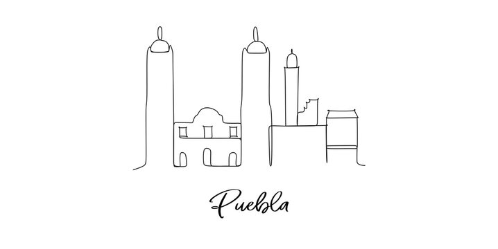 Puebla Mexico landmarks skyline - Continuous one line drawing