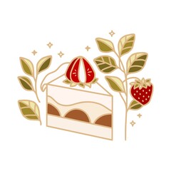 Hand drawn chocolate cake, pastry, cookie, bakery and cafe logo elements with floral leaf and strawberry fruit isolated on white background