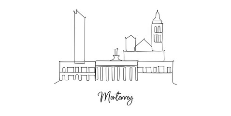 Monterrey Mexico landmarks skyline - Continuous one line drawing