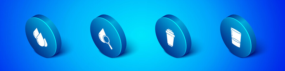 Set Isometric Water drop, filter cartridge, Glass with water and Drop and magnifying glass icon. Vector