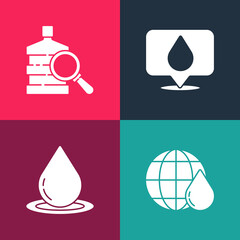 Set pop art Earth planet in water drop, Water, with location and Big bottle clean icon. Vector