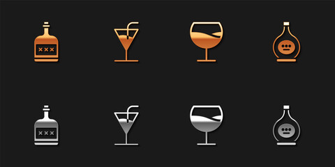 Set Alcohol drink Rum bottle, Cocktail, Wine glass and Bottle of cognac or brandy icon. Vector