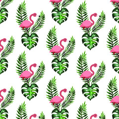 Pink flamingo pattern. Trap leaves. Factory textiles. Wallpaper. Interior. Gift paper. Seamless pattern with leaves.