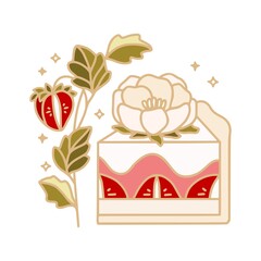 Hand drawn cake, pastry, cookie, bakery and cafe logo elements with peony flower, floral leaf and strawberry fruit isolated on white background