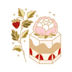 Hand drawn cake, pastry, bakery and cafe logo elements with peony flower, floral leaf and strawberry fruit isolated on white background
