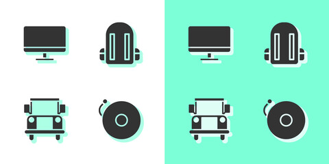 Set Ringing alarm bell, Computer monitor screen, School Bus and backpack icon. Vector