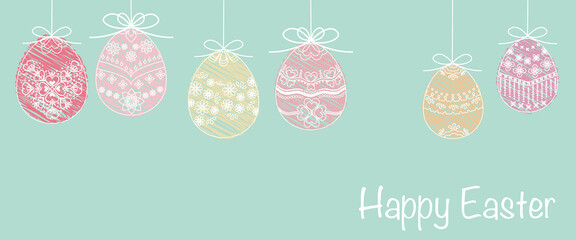 Easter concept illustration. Decorative egg ornaments and Happy easter text on mint green background. Easter illustration for web, banner and design. イースター素材、イースター背景デザイン、イースターイラスト