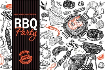 Bbq Grill Restaurant Food Menu Design. Barbecue cafe brochure, flyer, booklet, card. Grill menu card design template. Steak and grill house menu. Vector background.