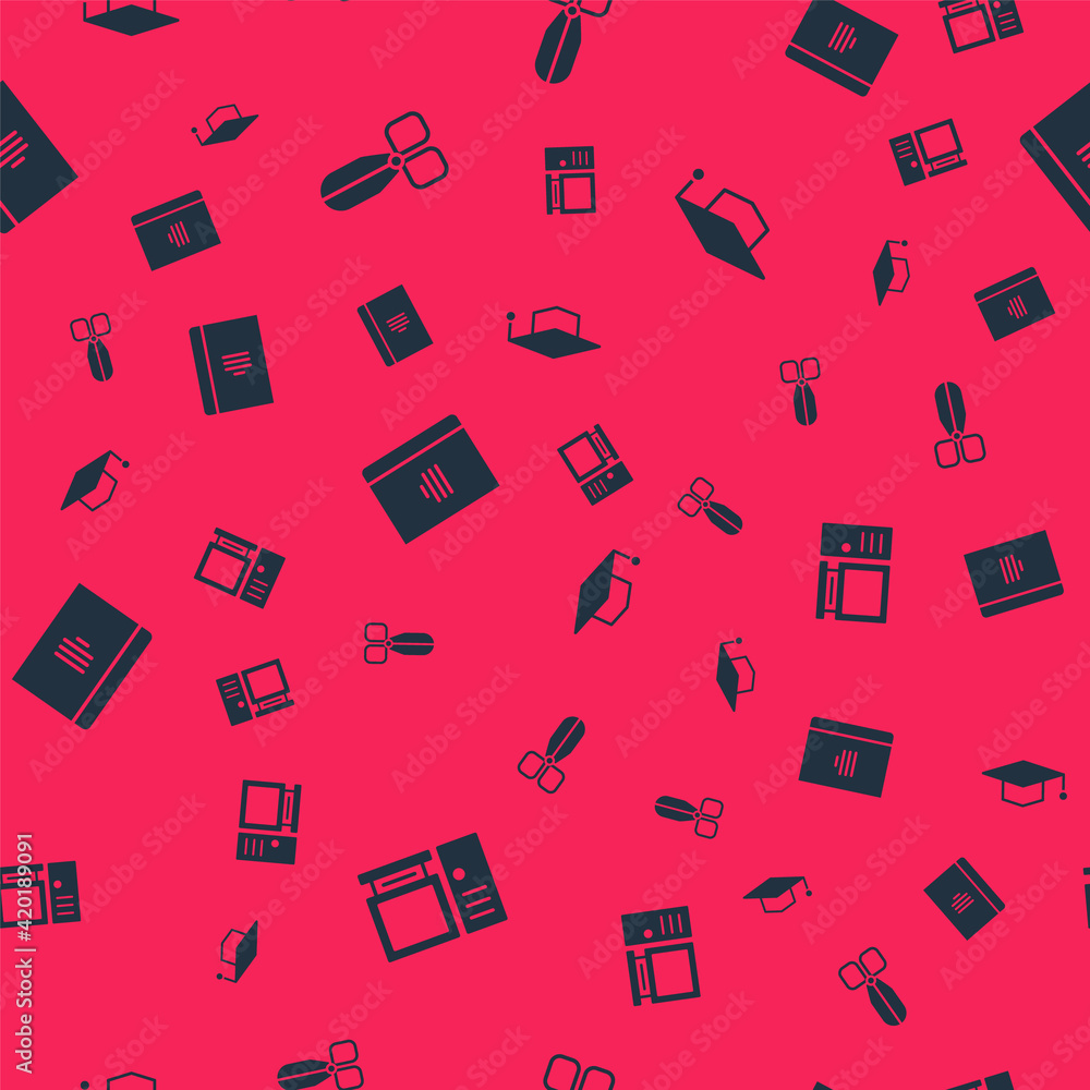Aufkleber set computer monitor, scissors, spiral notebook and graduation cap on seamless pattern. vector