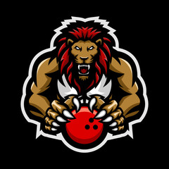 Lion Bowling design with mascot of a muscular lion holding bowling ball. Great for team or school mascot or t-shirts and others.