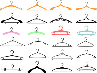 Vector set of different clothes hangers silhouettes. Hanger silhouettes. Hangers clothes fashion. Coat and dress hanger isolated on white background. Wood, metal, baby empty fashion clothing hooks.