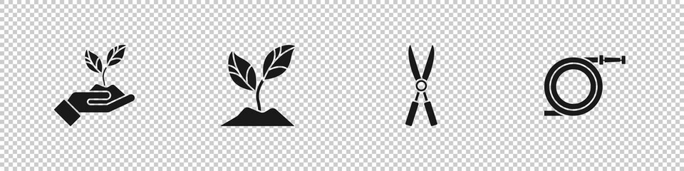 Set Plant in hand of environmental, , Gardening handmade scissors and hose fire hose icon. Vector